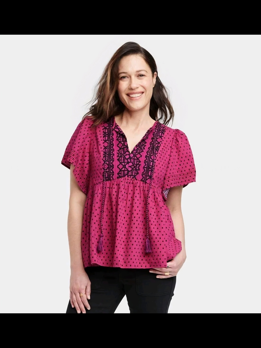 Knox Rose Magenta Embroidered V-Neck Peasant Top Size Large